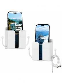 2pcs No-Drill Wall-Mounted Phone Storage Rack, Bedside Wall Phone Charging Holder With Hook And Remote Control Storage Shelf - White - View 1