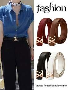 Women's PU Thin Belt, Geometric Cross Letter Design Metal Buckle Leather Belt, 43 Inch Versatile Decorative Waist Belt - Multicolor - View 1