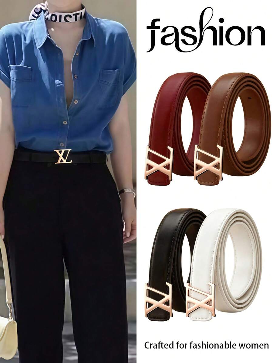 Women's PU Thin Belt, Geometric Cross Letter Design Metal Buckle Leather Belt, 43 Inch Versatile Decorative Waist Belt - Multicolor - View 1