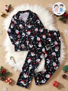 2pcs/Set Tween Girl Pajama Set, Christmas Hat Kitten & Puppy Print Pattern, Lapel Long Sleeve With Elastic Waist Long Pants, Flame Retardant Knit Fabric, All Season Wear, Tween Girl - Black - View 1