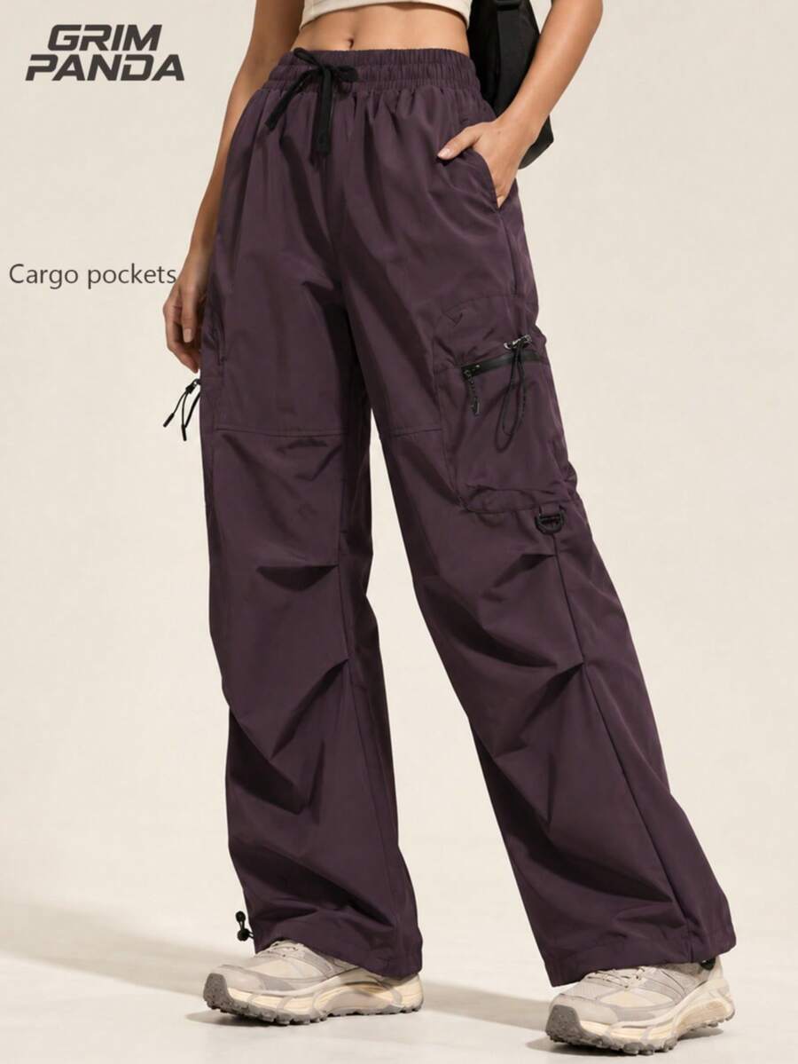 GRIM PANDA Women's Autumn Quick-Dry Cargo Pants, Elastic Drawstring Waist, Zipper Multi-Pocket Design, Loose Wide-Leg Lightweight Casual Outdoor Street Long Pants - Purple - View 1