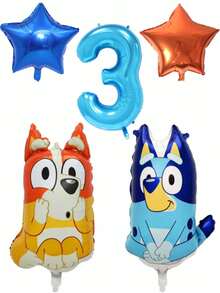 MASSDI Cartoon Character Birthday Balloon Set, Sitting And Bingo Aluminum Balloons, Bright Cyan Digit 1 Balloon, Dual Color Star Mylar Balloons, Easy Inflate Reusable Supplies For Garden Birthday Party Photoshoot - Balloon - View 8