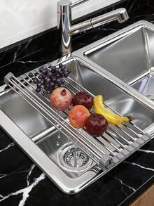 1pc 47cm 15-Tube Stainless Steel Foldable Sink Drain Rack, Space-Saving Dish Drying Rack With Roll-Up Design, Suitable For Kitchen Dish Washing, Drying And Draining, Cloth And Sponge Drying Rack - Light Grey - View 10