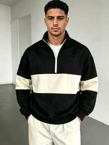 ZYNTH BALENO Men's Spring/Summer Patchwork Zip-Up Sweatshirt, Suitable For Sports, Classic Solid Color Long Sleeve Black - Black - View 1