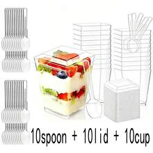100/50/30/20/10 cái cốc tráng miệng vuông 5oz kèm nắp và thìa - cốc tiệc trong suốt tái sử dụng, phù hợp cho sữa chua/kem/bánh kem - đám cưới, sinh nhật, Giáng sinh, lễ Eid (có thể xếp chồng) - Nhiều màu - Xem 14