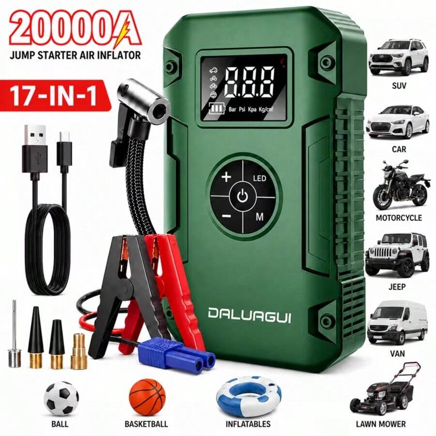 DALUAGUI 20000a fuente de alimentación de arranque de emergencia para automóviles con bomba de aire, 150 psi, arranque multifuncional portátil 17 - in - 1, pantalla LCD digital, con luz led, cargador de automóviles, es un regalo exquisito para Navidad / Halloween
