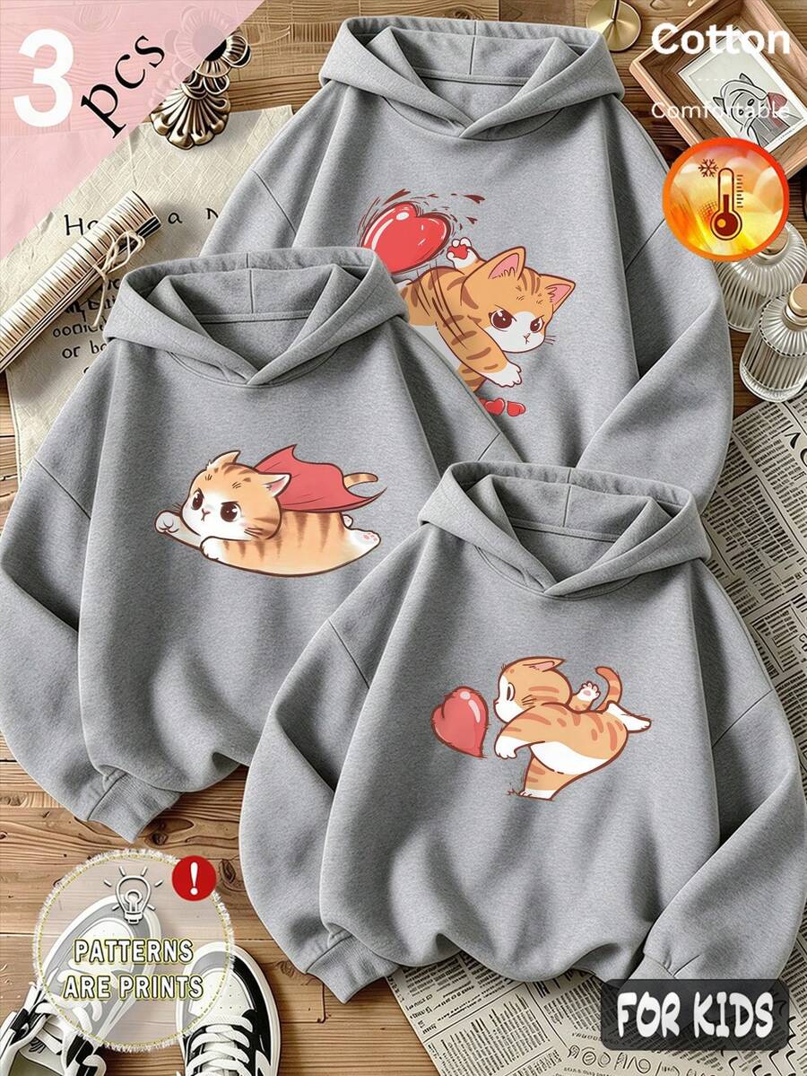 طقم 3 قطع للبنات للخريف/الشتاء، سويت شيرت بغطاء رأس من الفليس بطبعة جرو كرتوني، رمادي، أكمام طويلة، ناعم، بأسلوب Y2K - رمادي منقوش + رمادي منقوش + رمادي منقوش - مشاهدة 1