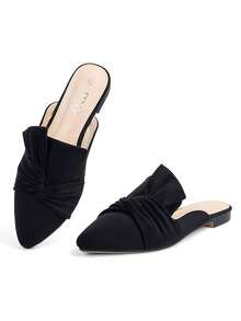 1 Pair Women's Pointed Toe Twisted Bow Mule Slippers, Black Suede Low Heel Flat Outdoor Half-Slip, Suitable For Daily Wear, Dating, Versatile Slouchy Shoes, Multiple Sizes Available - Black - View 9