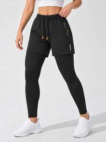Women's 2-In-1 Running Shorts With Fitted Leggings, Zipper Pocket And Drawstring Waist For Training, Fitness And Jogging - Black - View 2