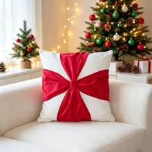 1pc Red Green Red White Bow Christmas Pillow Case, 3D Pleated Bow Sofa Cushion Cover, Holiday Home Decor, Pillow Insert Not Included - White - View 6
