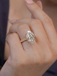 Luxury 18K Gold Plated High Carbon Oval Zirconia Wedding Ring Classic Four-Prong Women's Engagement Ring - Gold - View 6