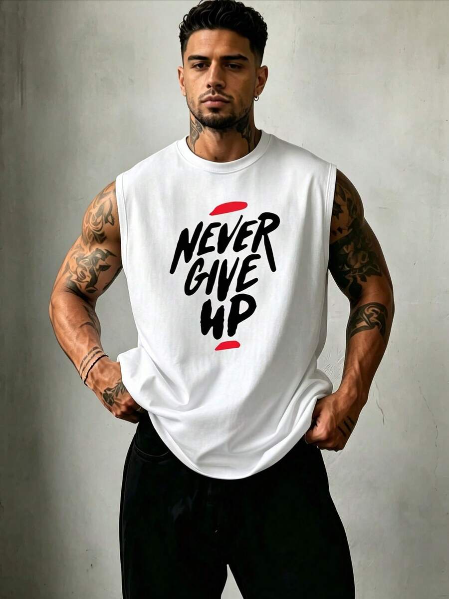 ZYNTH BALENO Men's Summer Fashionable "Never Give Up" Printed Tank Top, Essential For Cool Summer Days White Sports