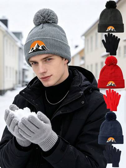 3pcs Unisex Printed Knit Beanie & Gloves Set, Soft Warm Pom Pom Beanie, Full Finger Gloves, Suitable For Winter Daily Outdoor Activities Gift