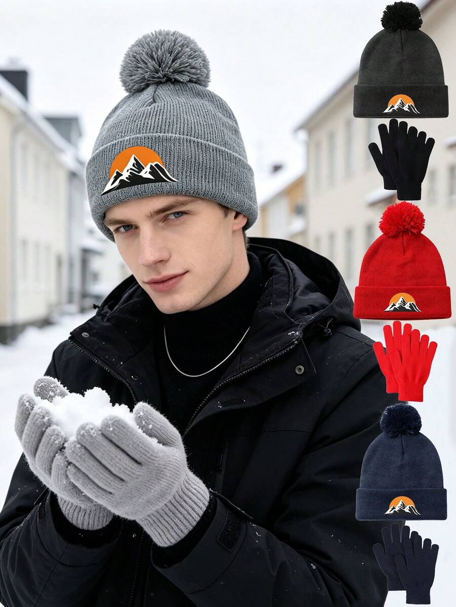 3pcs Unisex Printed Knit Beanie & Gloves Set, Soft Warm Pom Pom Beanie, Full Finger Gloves, Suitable For Winter Daily Outdoor Activities Gift - Multicolor - View 1