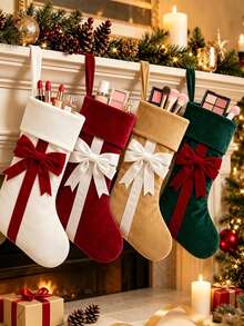 1pc Velvet Christmas Stocking With Classic Bow, Spacious Interior For Cosmetics, Candy And Small Gifts, Perfect Hanging Decoration For Fireplace, Christmas Tree And Home - Multicolor - View 2