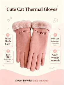 1 Pair Fashionable Women's Soft Suede Warm Gloves, Touchscreen Compatible, Cute Cat Pattern, Versatile Style, Fleece Lining, Faux Fur Cuffs, Practical And Stylish Gift Choice - A - View 6