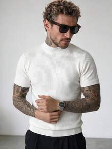 1pc Men's Turtleneck Textured Short Sleeve Sweater, New Summer Knit Top - White - View 1