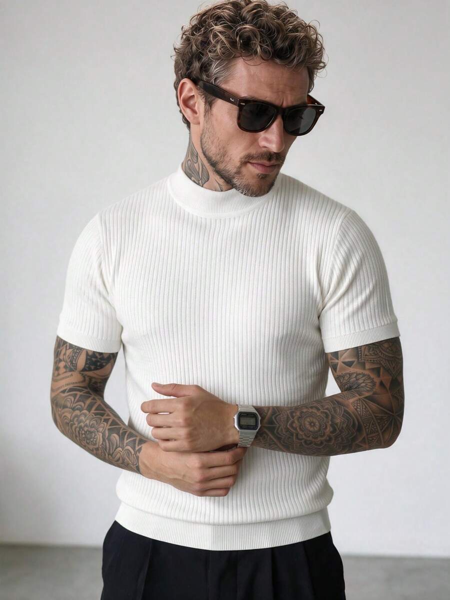 1pc Men's Turtleneck Textured Short Sleeve Sweater, New Summer Knit Top - White - View 1