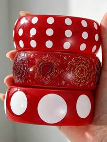 NAIZHU 1pc Red Polka Dot Heart Exaggerated Oversized Bracelet, Suitable For Women's Daily Wear, Dating And Party - Red - View 3