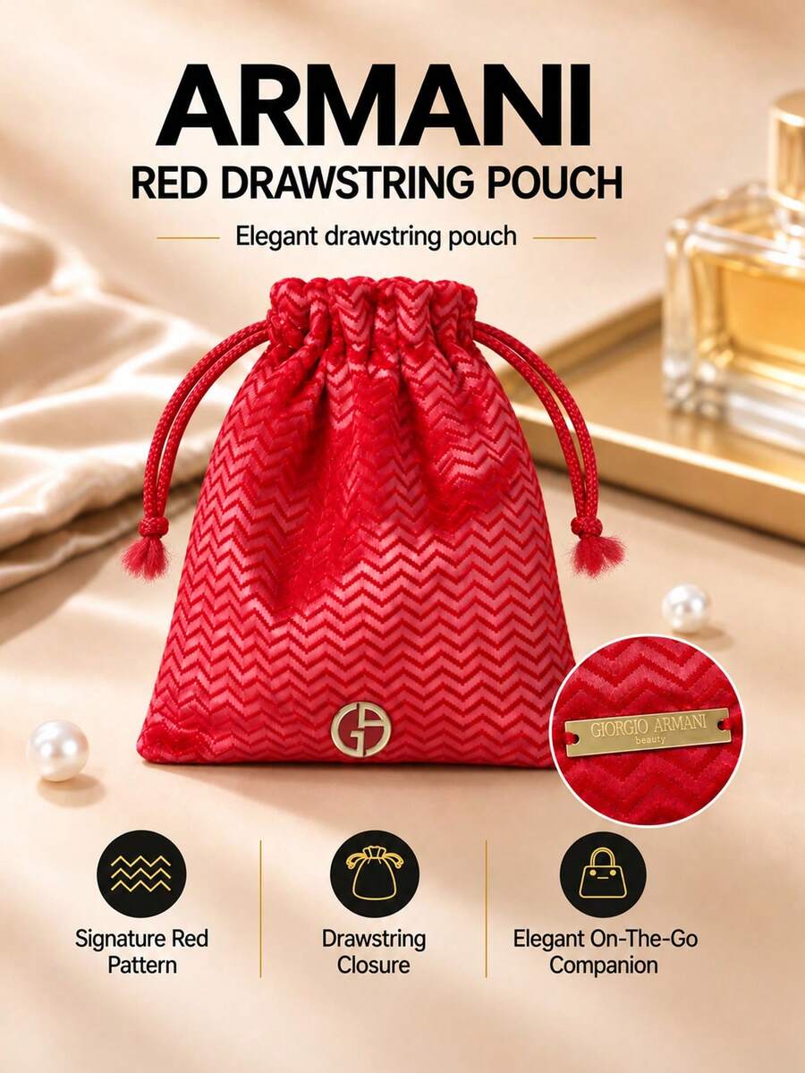 Giorgio Armani Armani Red Drawstring Storage Bag, 16.5*20cm, Single Piece, Velvet Texture, Large Capacity, Ideal For Daily And Travel Makeup Storage