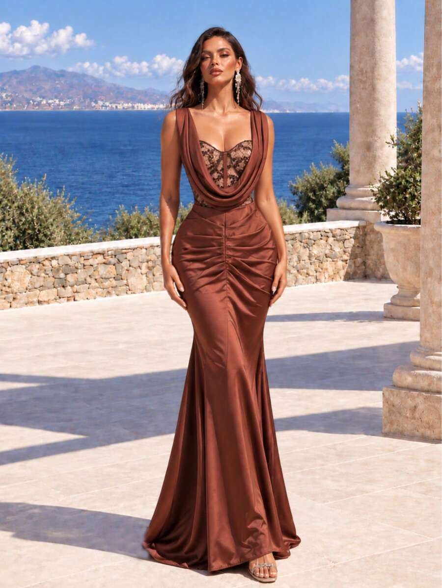 Gaun Maxi Satin Korset Renda Wanita, Gaun Pesta Malam Model Duyung Tanpa Punggung dengan Leher Kerudung dan Detail Kerutan - Khaki - View 1