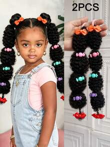 2pcs Kids Cute Small Mali Bubble Fluffy African Braided Ponytail Hair Extensions Accessories Ponytail Hair Decoration For Girls - Black - View 14