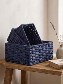 1pc/3pcs Handmade Woven Storage Basket For Desk, Makeup, Keys, Snacks, Home, Living Room, Bedroom, Office, 3 Sizes Available (Small/Medium/Large) - Navy Blue - View 3