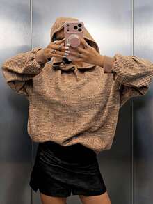 Áo hoodie dệt waffle oversized phong cách thường ngày cho nữ, mặc hàng ngày, trang phục thu đông, quần áo thu đông, đi chơi - màu nâu - Xem 1