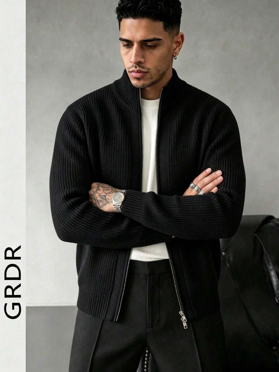 GRDR Men's Crew Neck Long Sleeve Double-Zipper Cardigan Sweater, Versatile For Daily Wear
