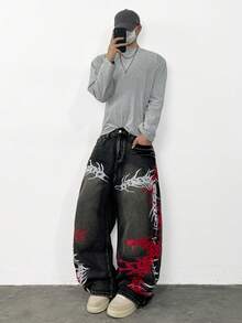 Justice Brother 1pc Korean Style Personalized Design Dual-Color Print Men's Denim Jeans Fashion All-Season Versatile Wide Leg Pants Casual Comfortable Long Trousers (Belt/Accessories Not Included) - Black - View 5