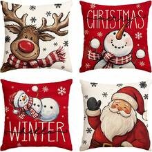 4Pcs Christmas Throw Pillow Covers, Santa Claus Reindeer Snowman Snowflake Pattern Decorative Cushion Cases For Sofa Couch Holiday Home Decor, Single Sided Print, Pillow Inserts Not Included - Red - View 8