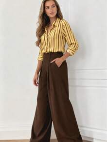 Plus Size Women's Striped Collared Shirt Long Sleeve Button-Up Top, Suitable For Spring And Autumn College Style Outfit - Yellow - View 3