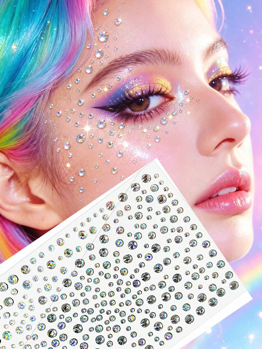 1/3/5/7Sheets Mermaid Theme Face Gems Stickers, Self-Adhesive Rhinestone Face Jewels, Face Stickers For Eye, Forehead, Rave Accessories, Festival, Party, Makeup, DIY Crafts, Y2K Aesthetic,Concert Look - Multicolor - View 1