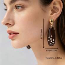 Deep Brown Oval Rhinestone Long Dangle Earrings - Brown - View 5