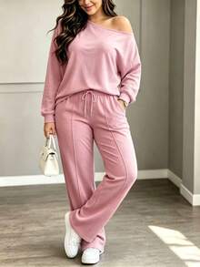 Autumn Fashion Women's 2 Pieces Set: Semi-Cold Shoulder Long Sleeve Solid Color Top With Cinched Waist Long Pants - Baby Pink - View 3