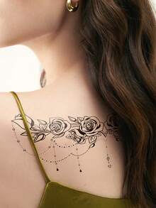 1pc Black Aesthetic Exquisite Symmetrical Rose Chain Pattern Temporary Tattoo Sticker, Waterproof DIY Party Gift, Holiday Gift, Music Festival Tattoo Sticker For Shoulder, Neck, Collarbone, Back - Black - View 5