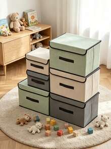 Dust-Proof Foldable Storage Box, Linen-Textured Fabric Organizer With Handles And Lid, Suitable For Bedroom, Closet And Nursery, For Storing Clothes, Plush Toys And Miscellaneous Items - Multicolor - View 3