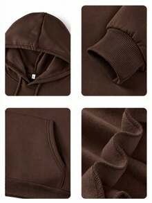 Unisex Solid Color Thermal Lined Loose Fit All-Match Sweatshirt With Pockets And Drawstring Long Sleeve Sweatshirt, INS Style Sport Sweatshirt, Machine Washable - Brown - View 6