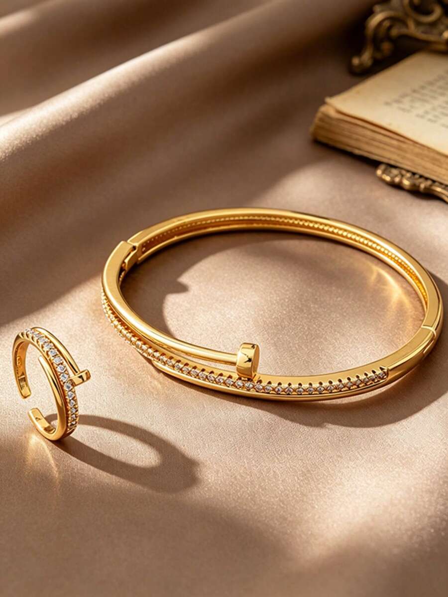 Letingsha 2pcs/Set Minimalist Luxury Gold-Plated Zirconia Jewelry Set, Bracelet And Open Ring, Suitable For Women's Wedding, Banquet And Daily Party Wear - Yellow Gold - View 1