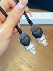 可愛3D黑色蝴蝶結裝飾數據線保護套組，相容 iPhone 18/20W 充電器，數據線保護套、充電頭保護套，防髒，可愛日韓風 - 黑色 - 查看 4