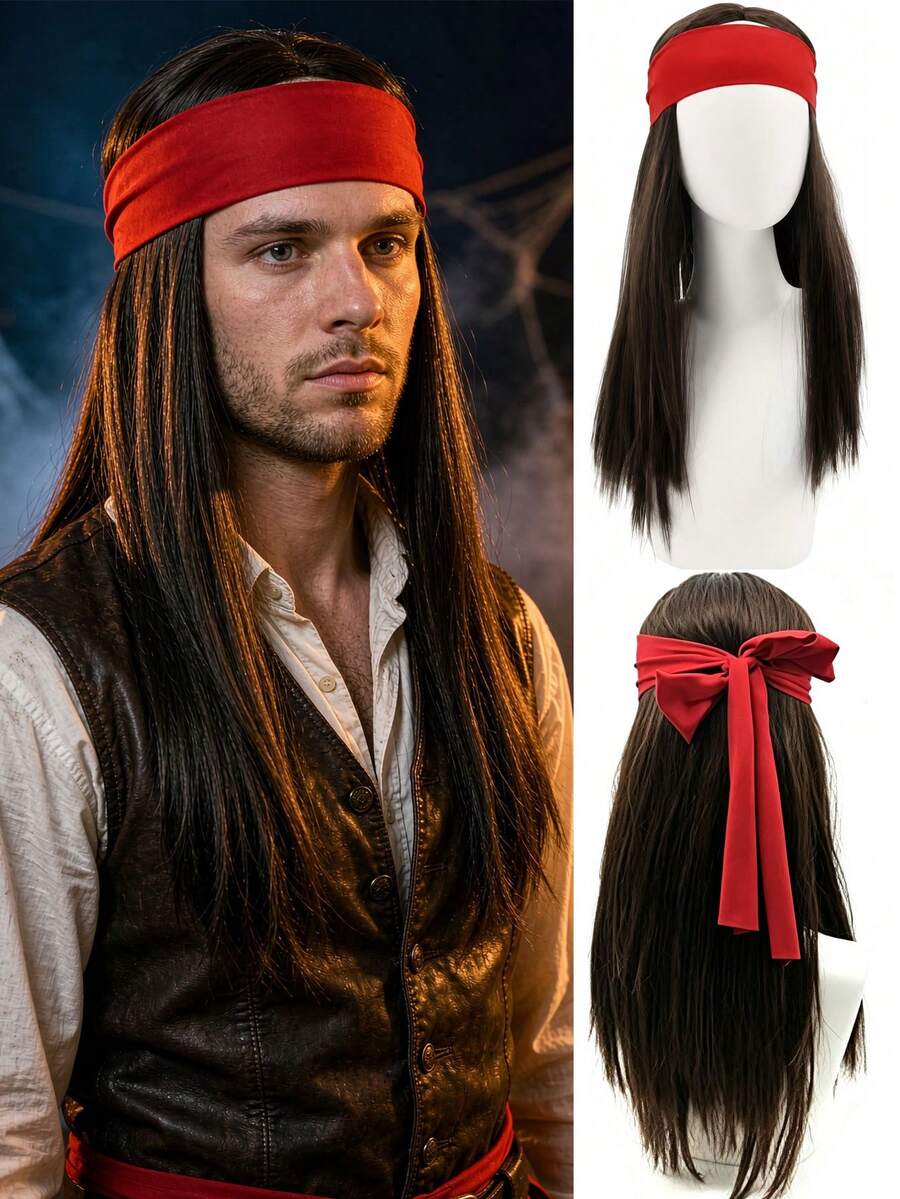 Men's Long Straight Brown Costume Wigs And Red Headbands, Halloween Cosplay, Hippies In The 1960s And 1970s, Pirate Theme Parties, Two Pieces Men's Dress-Up Wigs, Suitable For All Races - Multicolor - View 1