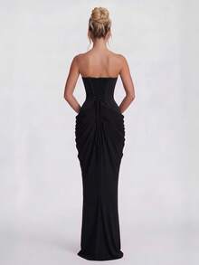 Women's Strapless Heart Neckline Ruched Cowl Neck Ribbon Long Party Dress - Black - View 7
