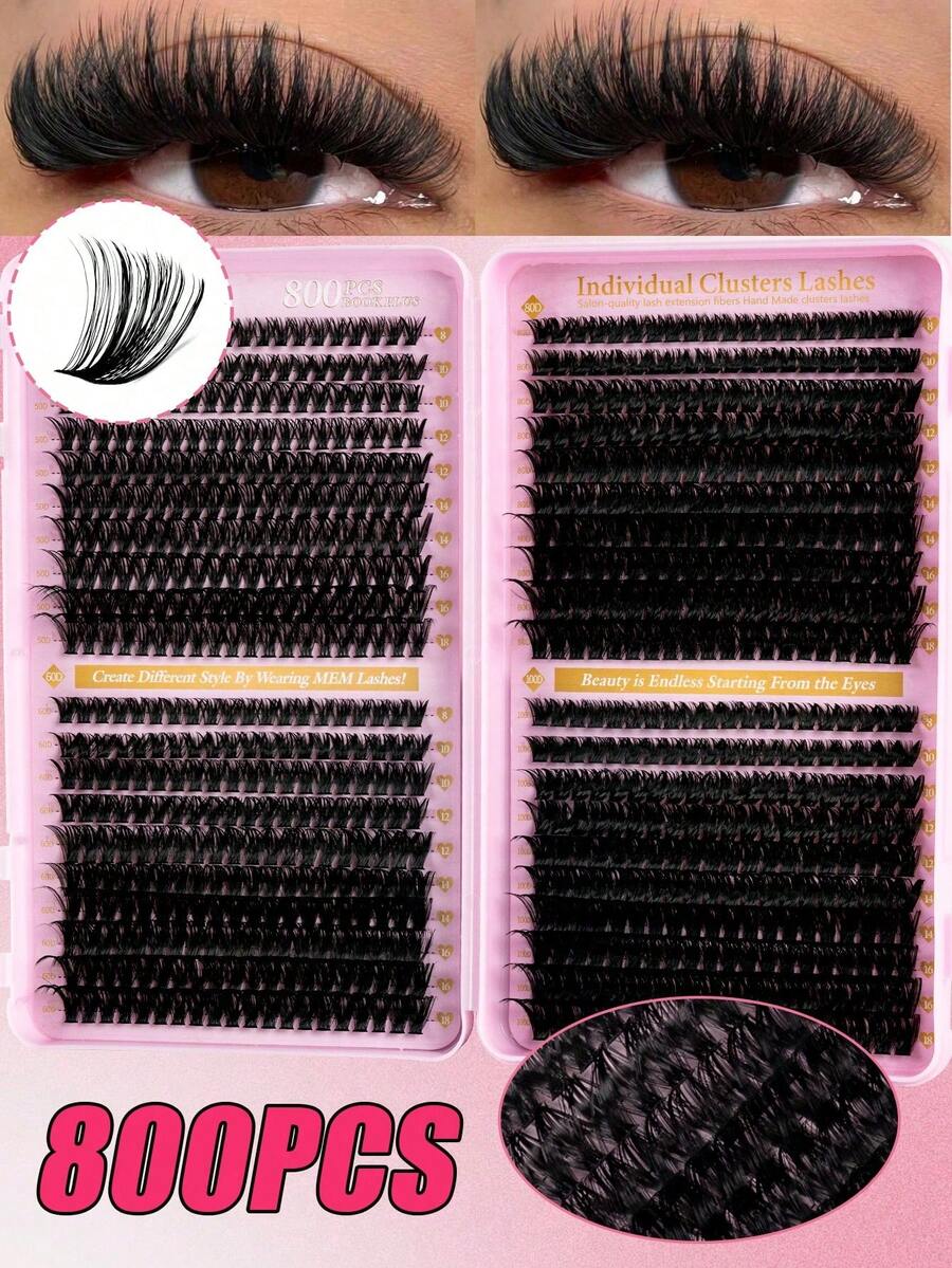 800/680/600/544pcs Bulu Mata Palsu Cluster D-Curl, Kepadatan Campuran 10D-100D, Bulu Mata DIY Tahan Lama, Cocok Untuk Pemula, Dapat Digunakan Untuk Cosplay, Pernikahan, Pesta Malam, Riasan Panggung