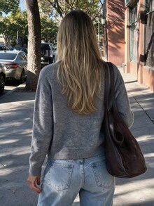 NOVELLE Women's Gray Minimalist Crew Neck Buttons Knit Cardigan, Autumn Winter Loose Drop Shoulder Cropped Versatile Top, School, Dating And Commute - Dark Grey - View 5