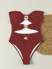 Maillot de bain une pièce sans bretelles rouge avec pois blancs et découpes pour femmes, maillot de bain une pièce élégant et décontracté pour les vacances à la plage et les fêtes - Multicolore - Voir 5