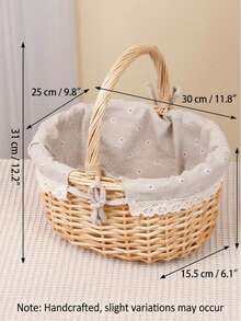 Vintage Woven Picnic Basket With Double Layer Lid, Lace Trim, Handmade Rattan Storage Basket, Detachable And Washable Liner And Handle, Suitable For Camping, Beach, Photo Props And Gifts - Multicolor - View 13