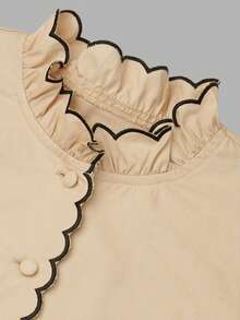 Fall Vintage Apricot Crop Top, Elegant Ruffle Neck Puff Sleeve Blouse, Wavy Trim Button Down Shirt For Fall Winter - Apricot - View 5