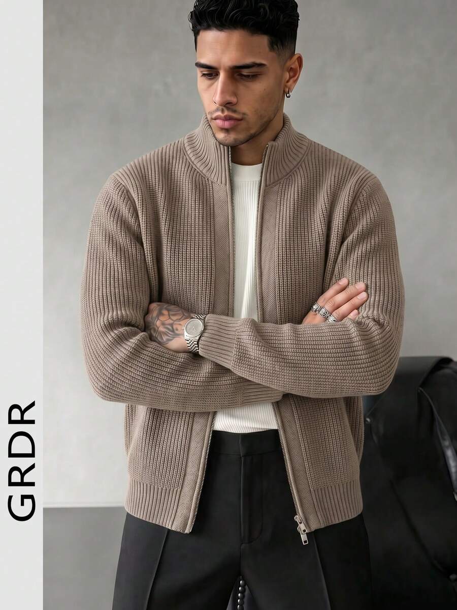 GRDR Men's Crew Neck Long Sleeve Stand Collar Double-Breasted Cardigan Sweater, Versatile For Daily Wear