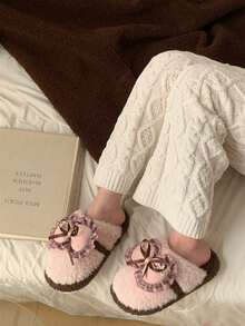 XIXITIAO Cute Sweet Bow Closed Toe Slippers, Plaid Pattern Warm Comfortable House Slippers - Pink - View 4