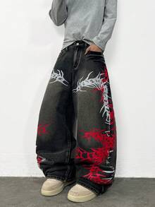 Justice Brother 1pc Korean Style Personalized Design Dual-Color Print Men's Denim Jeans Fashion All-Season Versatile Wide Leg Pants Casual Comfortable Long Trousers (Belt/Accessories Not Included) - Black - View 8